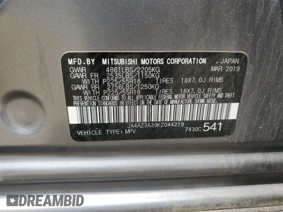 2019 Mitsubishi Outlander ES with VIN JA4AZ3A39KZ044219, listed as a Copart auction lot 59417255 with 104,745 mi miles and Clean title. Bid and sale history available at DreamBid. Image 13.