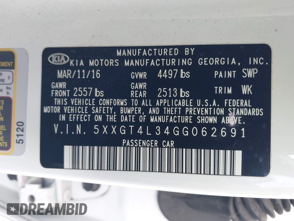 2016 Kia Optima LX with VIN 5XXGT4L34GG062691, listed as a IAAI auction lot 40743940 with 99,069 mi miles and . Bid and sale history available at DreamBid. Image 9.