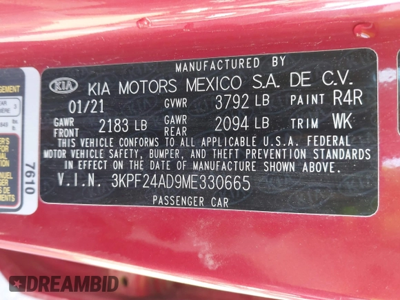 2021 Kia Forte LXS z VIN 3KPF24AD9ME330665, wystawiony jako IAAI lot #41817755 z przebiegiem 93 215 mil mil oraz . Historia ofert i sprzedaży dostępna na DreamBid. Obrazek 9.