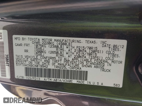 2012 Toyota Tacoma with VIN 5TFTX4CN9CX019942, listed as a IAAI auction lot 42271462 with 109,928 mi miles and . Bid and sale history available at DreamBid. Image 9.
