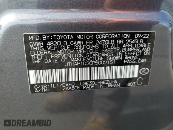 2023 Lexus IS 500 F Sport Performance z VIN JTHAP1D20P5002151, wystawiony jako Copart lot #64683715 z przebiegiem Nie podano mil oraz Szkoda całkowita • Salvage title. Historia ofert i sprzedaży dostępna na DreamBid. Obrazek 13.