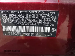 2008 Lexus ES 330 with VIN JTHBJ46G682240623, listed as a IAAI auction lot 41989839 with 205,874 mi miles and . Bid and sale history available at carsss.com. Image 9.
