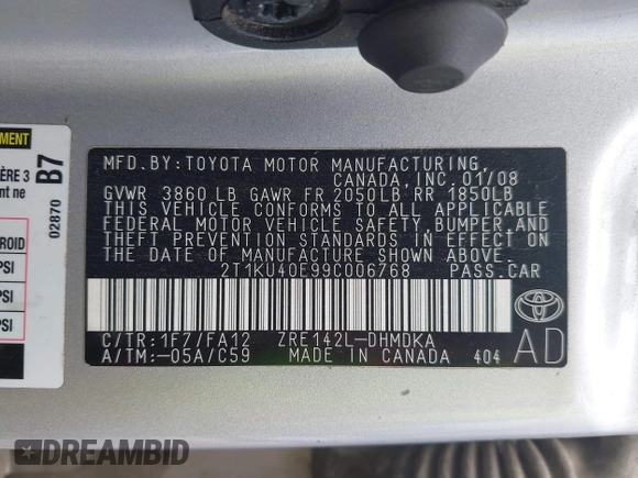2009 Toyota Matrix with VIN 2T1KU40E99C006768, listed as a IAAI auction lot 42125813 with 163,832 mi miles. Bid and sale history available at carsss.com. Image 9.