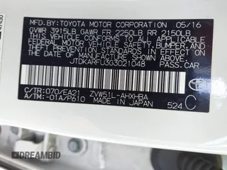 2016 Toyota Prius Four with VIN JTDKARFU3G3021048, listed as a IAAI auction lot 41633306 with 120,632 mi miles. Bid and sale history available at carsss.com. Image 9.