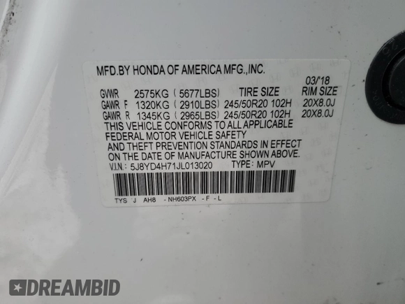 2018 Acura MDX Technology with VIN 5J8YD4H71JL013020, listed as a Copart auction lot 88978185 with 82,666 mi miles and Salvage title. Bid and sale history available at DreamBid. Image 13.