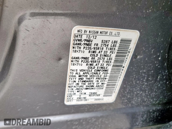 2013 Nissan Murano SV with VIN JN8AZ1MW5DW313356, listed as a Copart auction lot 55576495 with 80,491 mi miles and Clean Title. Bid and sale history available at carsss.com. Image 13.
