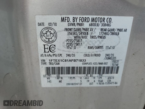2010 Ford F-150 XL with VIN 1FTEX1C81AFB71833, listed as a Copart auction lot 80022734 with Not provided miles and Salvage title. Bid and sale history available at DreamBid. Image 14.