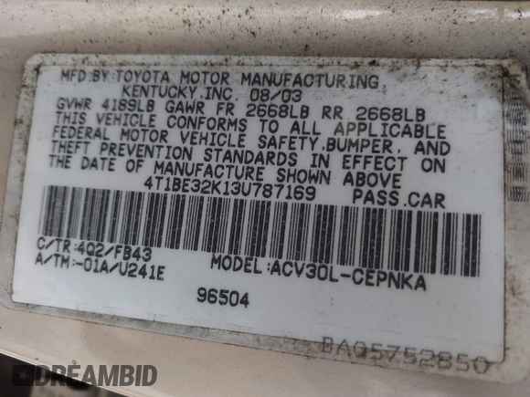 2003 Toyota Camry LE with VIN 4T1BE32K13U787169, listed as a IAAI auction lot 41910931 with 193,198 mi miles and . Bid and sale history available at DreamBid. Image 9.