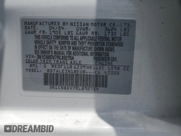 2024 Nissan Versa S with VIN 3N1CN8DV7RL892754, listed as a Copart auction lot 58859495 with 14,041 mi miles and Non repairable. Bid and sale history available at DreamBid. Image 13.