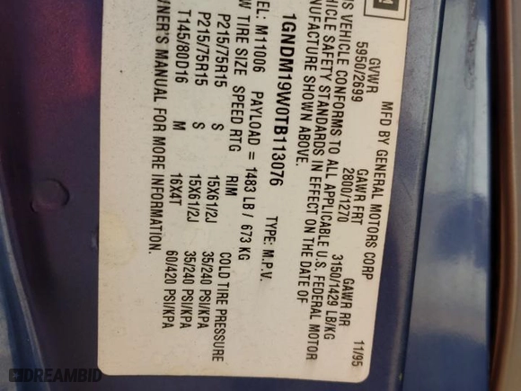 1996 Chevrolet Astro Passenger with VIN 1GNDM19W0TB113076, listed as a Copart auction lot 74846213 with 100,090 mi miles and Non Repairable. Bid and sale history available at carsss.com. Image 12.