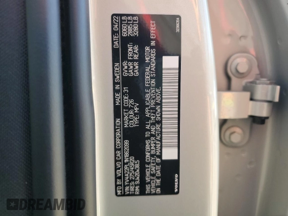 2022 Volvo XC90 Inscription with VIN YV4A22PL1N1862099, listed as a Copart auction lot 80474624 with Not provided miles and Salvage title. Bid and sale history available at DreamBid. Image 13.