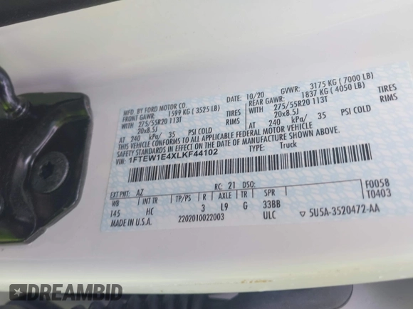 2020 Ford F-150 XL с VIN 1FTEW1E4XLKF44102, выставлен на аукционе IAAI как лот 42513357 с пробегом Не указан миль и . История ставок и продаж доступна на DreamBid. Изображение 9.