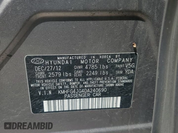 2013 Hyundai Azera z VIN KMHFG4JG4DA240690, wystawiony jako Copart lot #57465565 z przebiegiem 164 757 mil mil oraz Szkoda całkowita • Salvage title. Historia ofert i sprzedaży dostępna na DreamBid. Obrazek 12.
