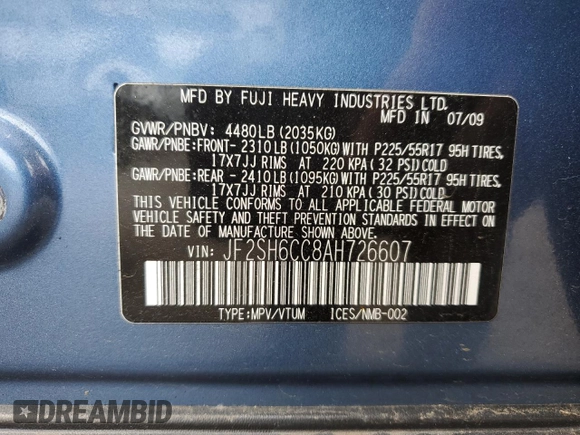 2010 Subaru Forester X Premium with VIN JF2SH6CC8AH726607, listed as a Copart auction lot 57671145 with 149,942 mi miles and Salvage title. Bid and sale history available at DreamBid. Image 12.