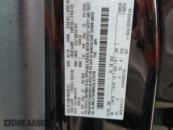 2019 Lincoln MKC Standard with VIN 5LMCJ1D98KUL37318, listed as a Copart auction lot 81398564 with 35,929 mi miles and Salvage Title. Bid and sale history available at DreamBid. Image 16.
