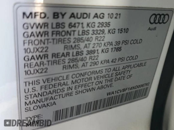 2022 Audi Q8 Prestige z VIN WA1CVBF14ND006792, wystawiony jako Copart lot #79069794 z przebiegiem 90 264 mil mil oraz Szkoda całkowita • Salvage title. Historia ofert i sprzedaży dostępna na DreamBid. Obrazek 12.