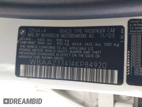 2004 BMW 3 Series 325i с VIN WBAAZ33414KP84920, выставлен на аукционе IAAI как лот 42056526 с пробегом 199 879 миль миль и . История ставок и продаж доступна на DreamBid. Изображение 9.