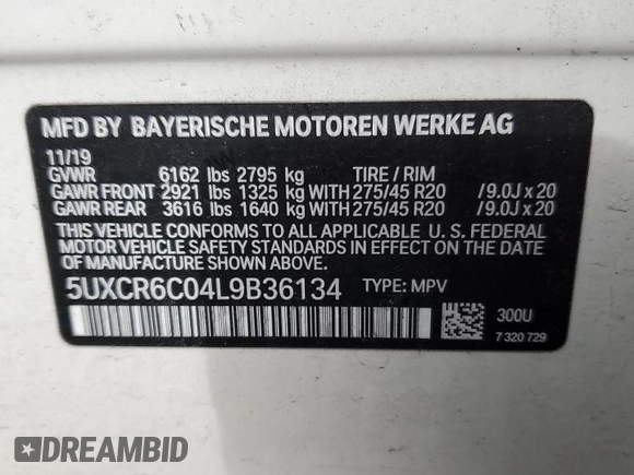2020 BMW X5 xDrive40i with VIN 5UXCR6C04L9B36134, listed as a Copart auction lot 52220665 with 51,285 mi miles and Salvage title. Bid and sale history available at DreamBid. Image 13.