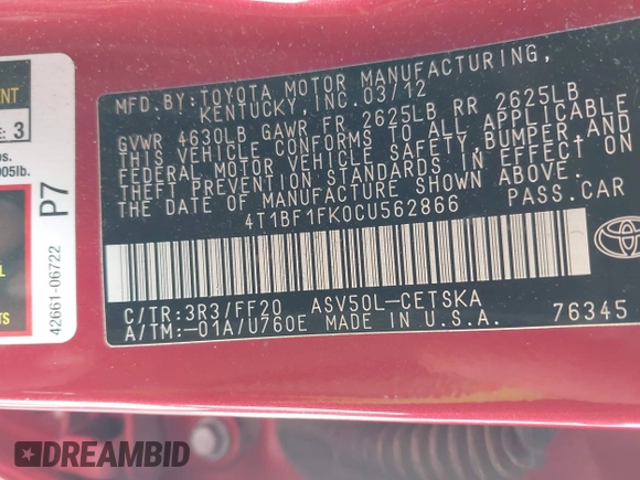 2012 Toyota Camry L with VIN 4T1BF1FK0CU562866, listed as a IAAI auction lot 41801756 with 149,991 mi miles and . Bid and sale history available at carsss.com. Image 9.