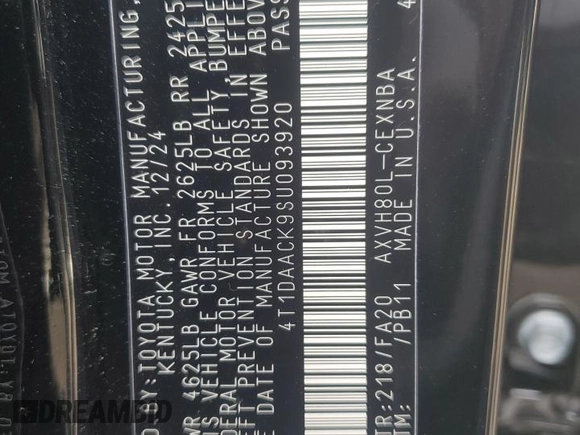 2025 Toyota Camry LE with VIN 4T1DAACK9SU093920, listed as a Copart auction lot 50157745 with 2,088 mi miles and Non Repairable. Bid and sale history available at DreamBid. Image 12.