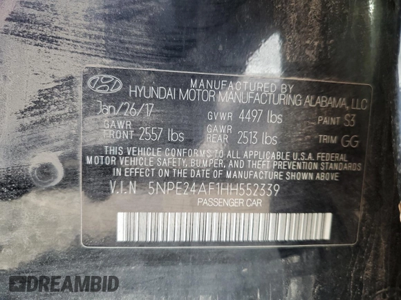2017 Hyundai Sonata 2.4L with VIN 5NPE24AF1HH552339, listed as a Copart auction lot 53890315 with 139,850 mi miles and Salvage Title. Bid and sale history available at DreamBid. Image 12.
