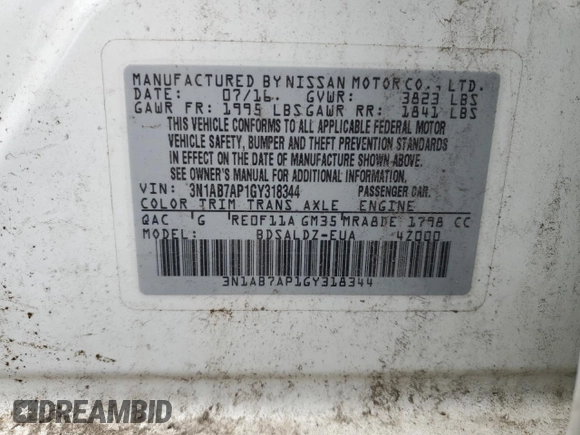 2016 Nissan Sentra SV with VIN 3N1AB7AP1GY318344, listed as a Copart auction lot 55382315 with 258,339 mi miles and Clean Title. Bid and sale history available at DreamBid. Image 12.