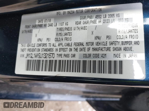2018 Mazda Mazda6 Grand Touring Reserve with VIN JM1GL1WY9J1321670, listed as a IAAI auction lot 41401543 with 33,679 mi miles. Bid and sale history available at carsss.com. Image 9.