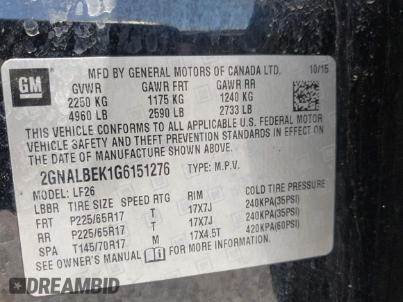 2016 Chevrolet Equinox LS with VIN 2GNALBEK1G6151276, listed as a IAAI auction lot 41981497 with 81,811 mi miles. Bid and sale history available at carsss.com. Image 9.