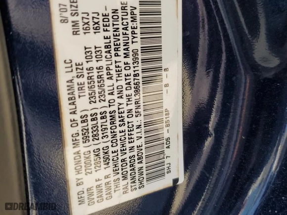 2007 Honda Odyssey EX-L with VIN 5FNRL38667B113990, listed as a Copart auction lot 48543835 with 188,912 mi miles and Salvage Title. Bid and sale history available at carsss.com. Image 15.