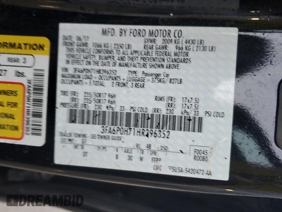 2017 Ford Fusion SE with VIN 3FA6P0H71HR396352, listed as a Copart auction lot 54869805 with 103,678 mi miles and Salvage title. Bid and sale history available at DreamBid. Image 12.