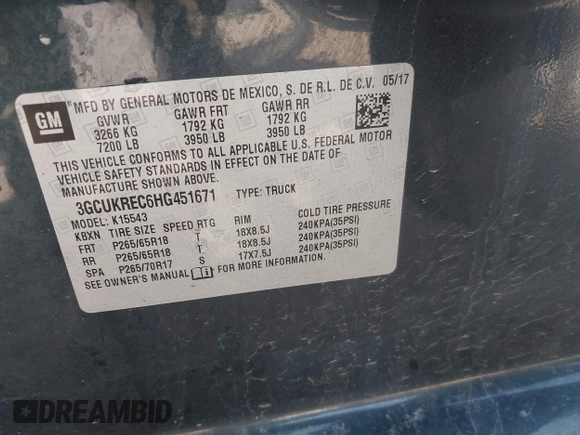 2017 Chevrolet Silverado 1500 LT with VIN 3GCUKREC6HG451671, listed as a IAAI auction lot 41906060 with Not Provided miles and . Bid and sale history available at DreamBid. Image 9.