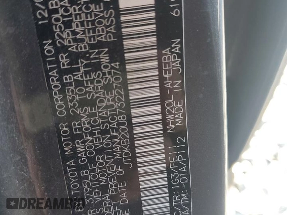 2007 Toyota Prius with VIN JTDKB20U873227074, listed as a Copart auction lot 60213955 with 204,946 mi miles and Salvage title. Bid and sale history available at DreamBid. Image 13.
