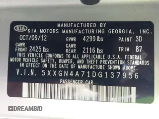 2013 Kia Optima EX with VIN 5XXGN4A71DG137956, listed as a IAAI auction lot 42391786 with 175,633 mi miles and . Bid and sale history available at DreamBid. Image 9.