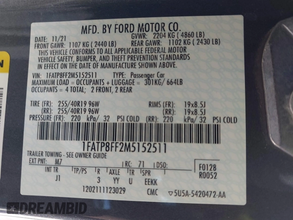 2021 Ford Mustang GT Premium с VIN 1FATP8FF2M5152511, выставлен на аукционе IAAI как лот 41950210 с пробегом 16 246 миль миль и . История ставок и продаж доступна на DreamBid. Изображение 9.