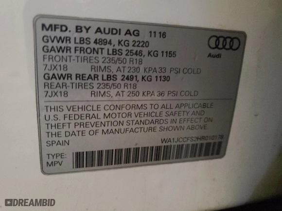 2017 Audi Q3 Premium Plus with VIN WA1JCCFS2HR010178, listed as a Copart auction lot 51341205 with 131,829 mi miles and Non Repairable. Bid and sale history available at carsss.com. Image 12.