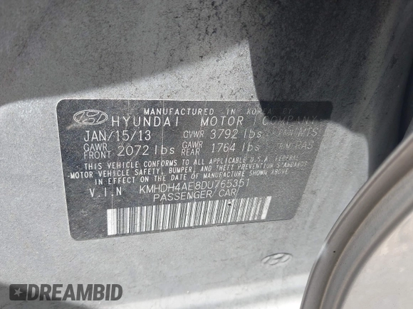 2013 Hyundai Elantra GLS с VIN KMHDH4AE8DU765351, выставлен на аукционе IAAI как лот 42274298 с пробегом 104 922 миль миль и . История ставок и продаж доступна на DreamBid. Изображение 9.