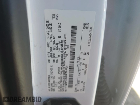 2018 Ford F-150 XL с VIN 1FTEW1EG6JKF05708, выставлен на аукционе Copart как лот 62359605 с пробегом 106 128 миль миль и Списание • Salvage title. История ставок и продаж доступна на DreamBid. Изображение 12.