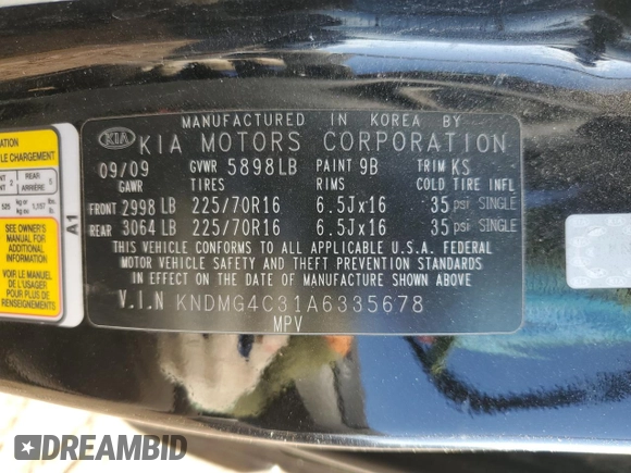 2010 Kia Sedona LX with VIN KNDMG4C31A6335678, listed as a Copart auction lot 76016514 with 130,889 mi miles and Salvage Title. Bid and sale history available at carsss.com. Image 15.