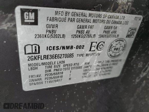 2014 GMC Terrain SLE with VIN 2GKFLRE36E6270085, listed as a Copart auction lot 86141704 with 191,139 mi miles and Salvage title. Bid and sale history available at DreamBid. Image 12.