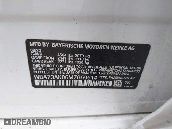 2021 BMW 2 Series 228i xDrive with VIN WBA73AK06M7G59514, listed as a IAAI auction lot 41951326 with 76,064 mi miles and . Bid and sale history available at DreamBid. Image 9.