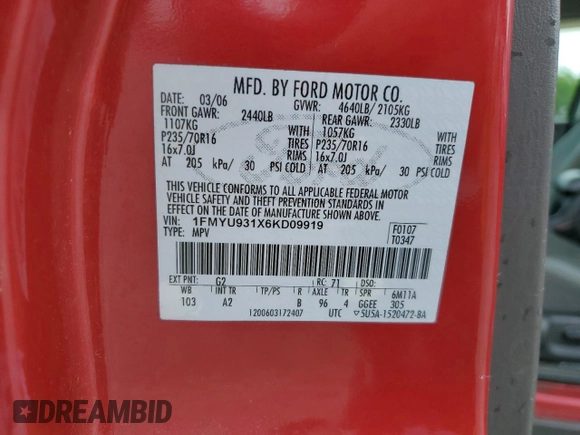 2006 Ford Escape XLT with VIN 1FMYU931X6KD09919, listed as a Copart auction lot 54403305 with 143,399 mi miles and Salvage title. Bid and sale history available at DreamBid. Image 13.