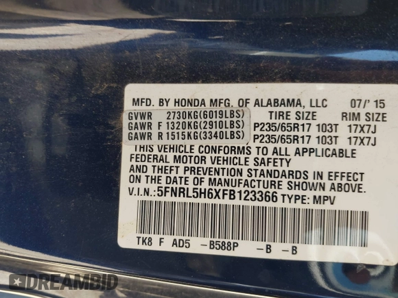 2015 Honda Odyssey EX-L with VIN 5FNRL5H6XFB123366, listed as a IAAI auction lot 42037807 with 141,135 mi miles and . Bid and sale history available at DreamBid. Image 9.