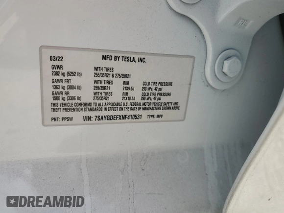 2022 Tesla Model Y Performance with VIN 7SAYGDEFXNF410531, listed as a Copart auction lot 54449715 with Not Provided miles and Non Repairable. Bid and sale history available at DreamBid. Image 13.
