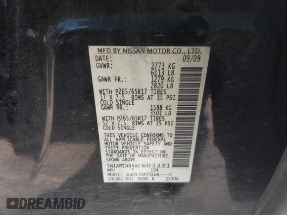 2010 Nissan Pathfinder LE with VIN 5N1AR1NB4AC603331, listed as a IAAI auction lot 42172929 with 135,884 mi miles and . Bid and sale history available at DreamBid. Image 9.