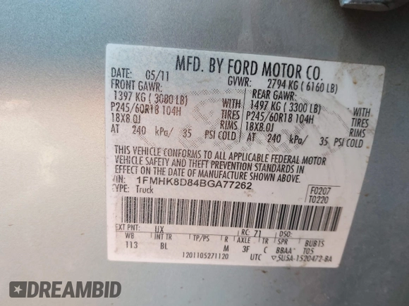 2011 Ford Explorer XLT with VIN 1FMHK8D84BGA77262, listed as a IAAI auction lot 41793864 with 209,804 mi miles and . Bid and sale history available at DreamBid. Image 9.