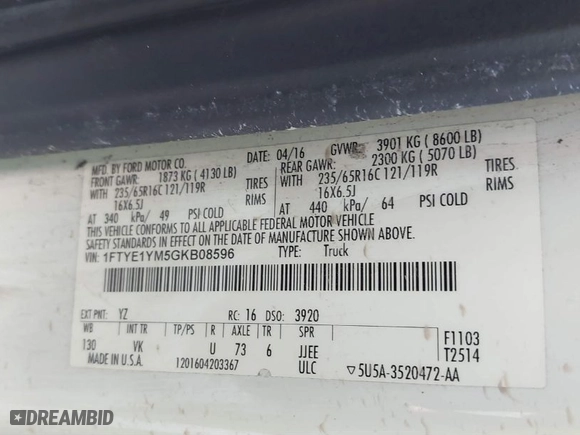 2016 Ford Transit Cargo Van with VIN 1FTYE1YM5GKB08596, listed as a IAAI auction lot 41459496 with 162,128 mi miles. Bid and sale history available at carsss.com. Image 9.