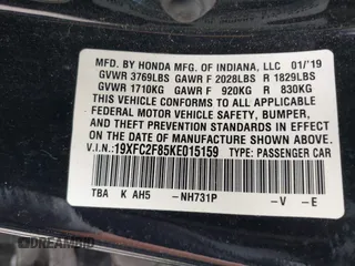 2019 Honda Civic Sport with VIN 19XFC2F85KE015159, listed as a IAAI auction lot 41993276 with 82,542 mi miles and . Bid and sale history available at DreamBid. Image 9.