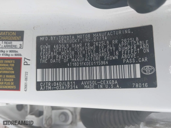 2014 Toyota Camry Hybrid LE with VIN 4T1BD1FK0EU115964, listed as a IAAI auction lot 40854548 with 61,731 mi miles. Bid and sale history available at carsss.com. Image 9.