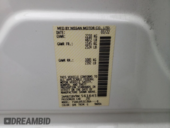 2022 Nissan LEAF S Plus z VIN 1N4BZ1BV9NC561645, wystawiony jako Copart lot #50939635 z przebiegiem 118 525 mil mil oraz Szkoda całkowita • Salvage title. Historia ofert i sprzedaży dostępna na DreamBid. Obrazek 12.