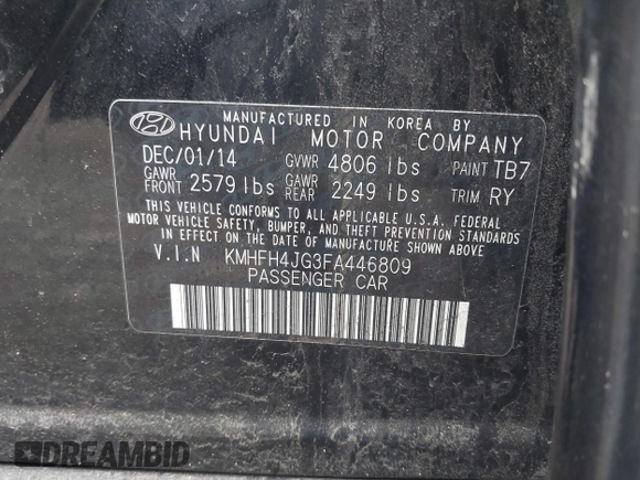 2015 Hyundai Azera Limited with VIN KMHFH4JG3FA446809, listed as a IAAI auction lot 42628069 with 136,777 mi miles and . Bid and sale history available at DreamBid. Image 9.